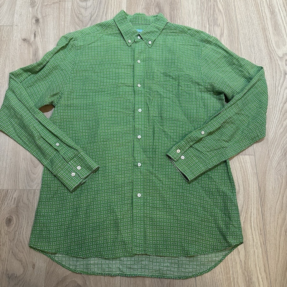 J McLaughlin Linen Cotton Button Shirt Size L Men Green Floral Geo EUC